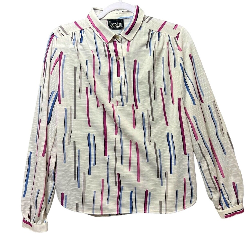 Joren San Francisco Vintage Abstract Stripe Long Sleeve Blouse Cream Purple 14